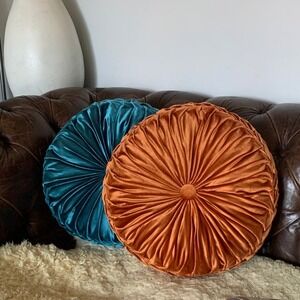 Set of Two round velvet accent pillows orange blue MCM traditional home decor